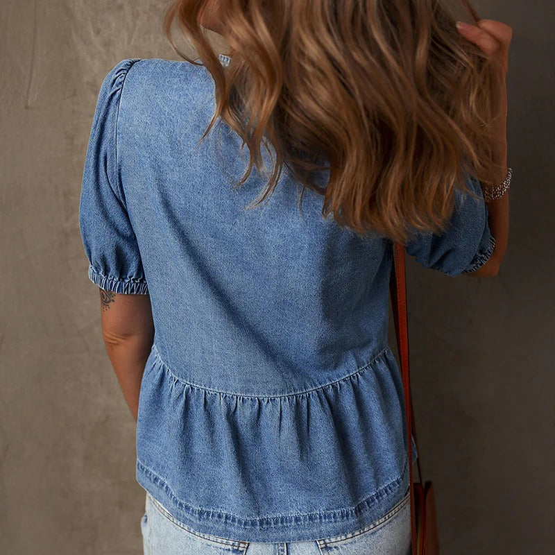 Image of Wendy | Dames Denim Peplum Blouse met Strikdetail