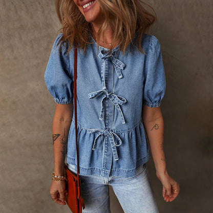 Image of Wendy | Dames Denim Peplum Blouse met Strikdetail