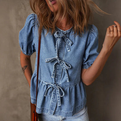 Image of Wendy | Dames Denim Peplum Blouse met Strikdetail