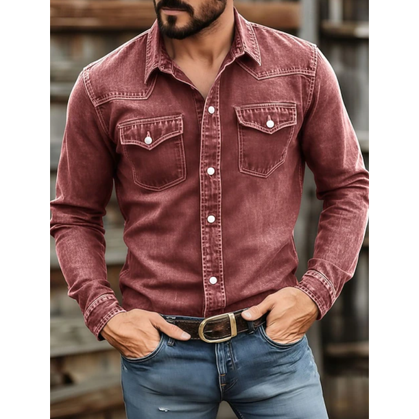 Western denim overhemd voor heren met lange mouwen en borstzakken met drukknopen