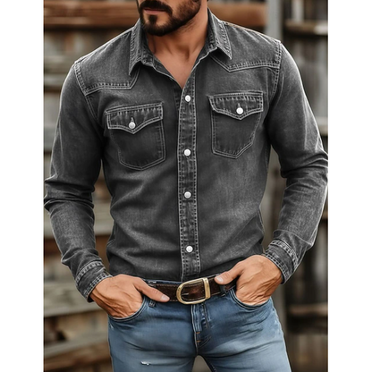 Western denim overhemd voor heren met lange mouwen en borstzakken met drukknopen