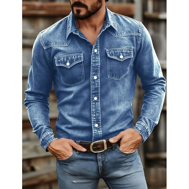 Western denim overhemd voor heren met lange mouwen en borstzakken met drukknopen