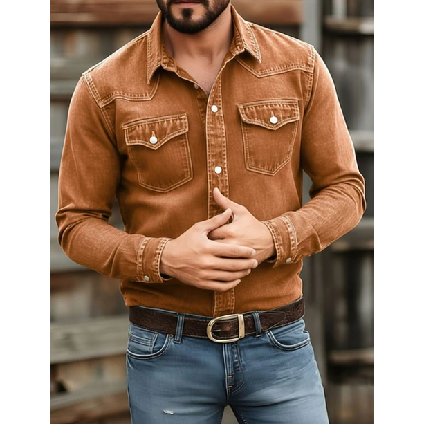 Western denim overhemd voor heren met lange mouwen en borstzakken met drukknopen