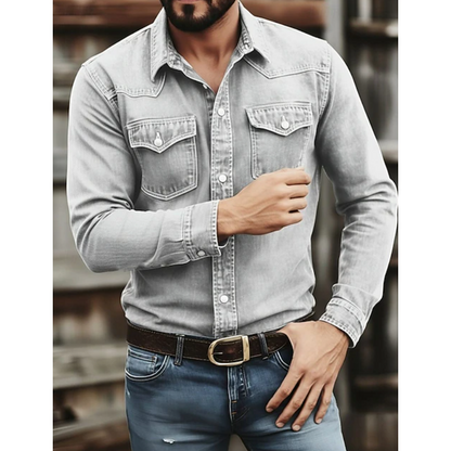 Western denim overhemd voor heren met lange mouwen en borstzakken met drukknopen
