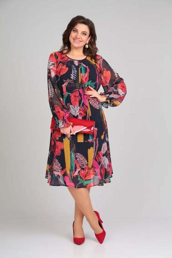 Image of Yara | Dames Lange Mouw A-lijn Midi Jurk