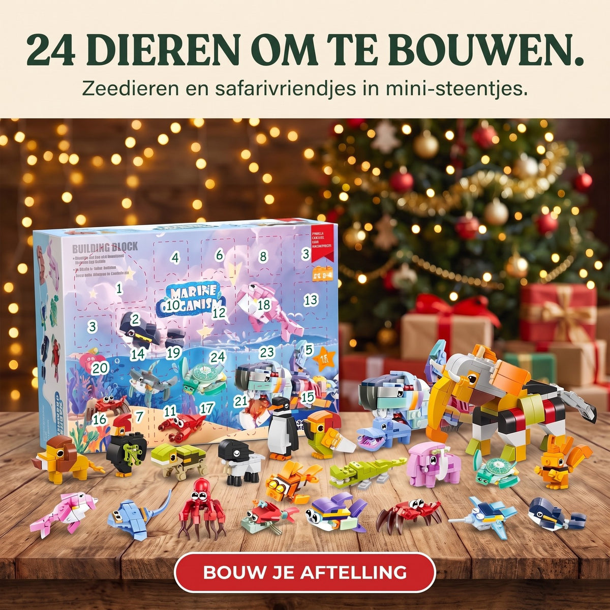 Zeedieren Adventskalender, 24 Dieren van Bouwsteentjes + Groot Zeedier