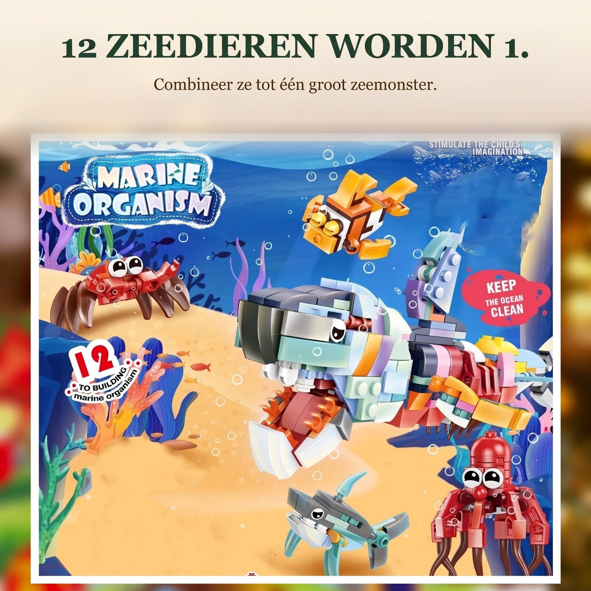 Zeedieren Adventskalender, 24 Dieren van Bouwsteentjes + Groot Zeedier