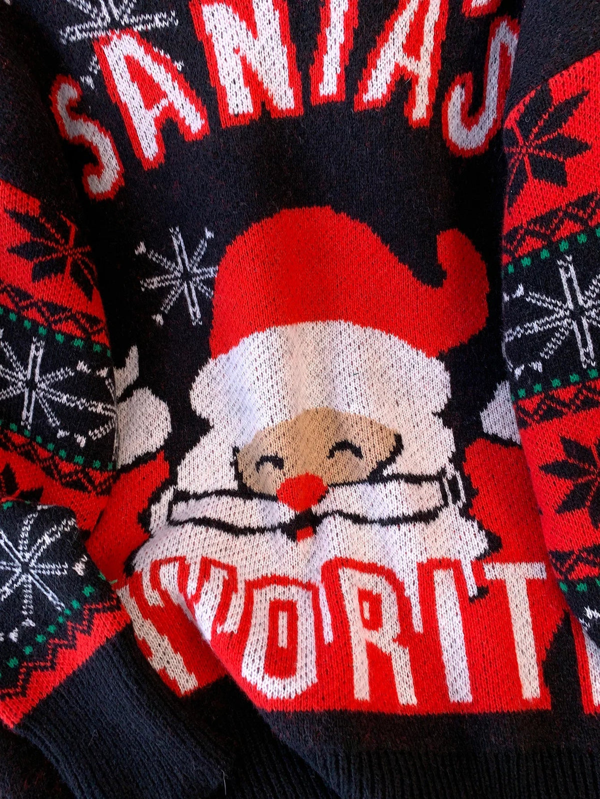 Zwarte kersttrui voor dames met kerstman, ronde hals en lange mouwen
